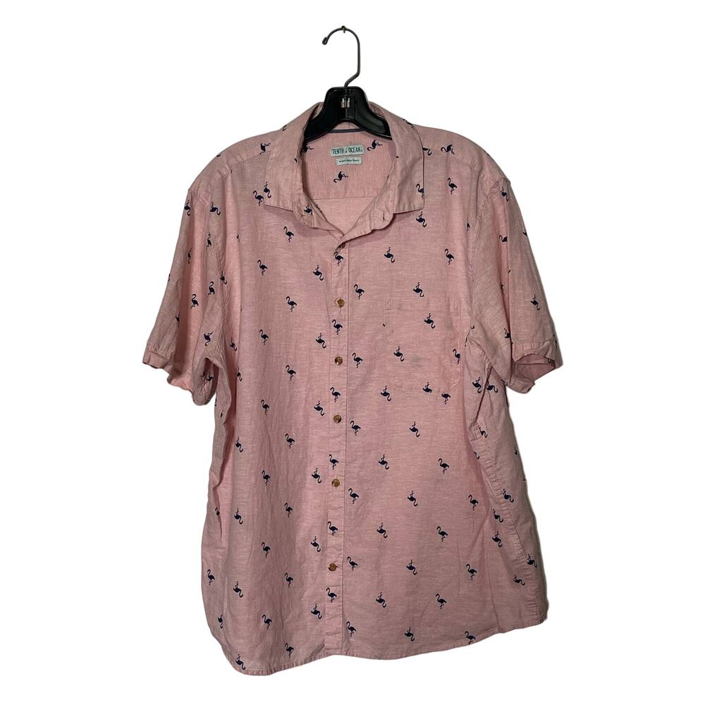 Tenth + Ocean Flamingo Print Linen Blend Shirt Men's Size M Pink Button Front